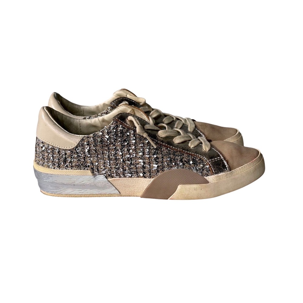 Dolce Vita Zina Leather & Twill Sneaker Womens Glitter Silver Gold Beige Sz 7.5